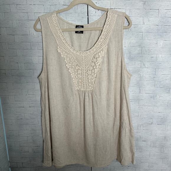 Calstyle Tops - Calstyle women’s blouse linen sleeveless lace‎ coastal bohemian hippie plus size